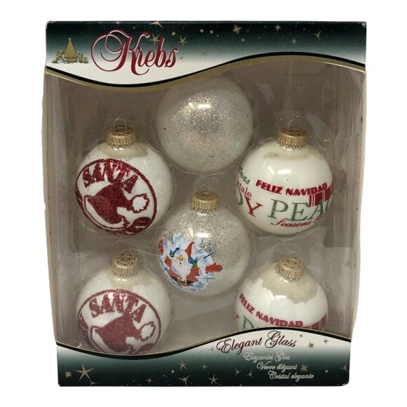 6 Krebs Christmas Ball Ornaments Red White Stencil Glitter Round Glass Santa USA - Picture 1 of 6
